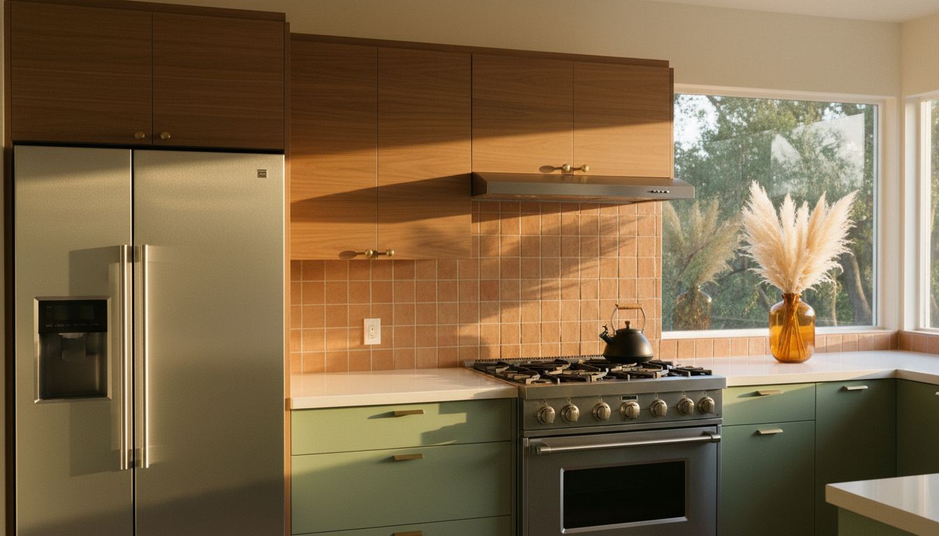A warm Sherman Oaks mid-century modern kitchen at golden hour