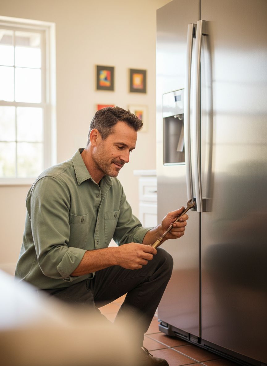 Sam Owens, owner, working on a refrigerator